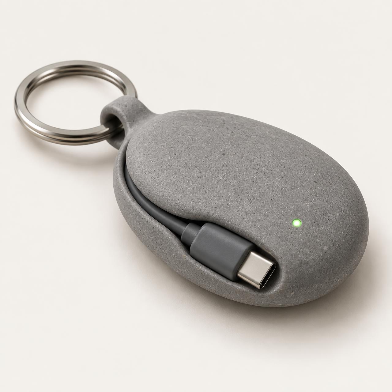 JuiceKey concept: a grey stone-look pebble on a keyring with a USB-C cable tucked into its side